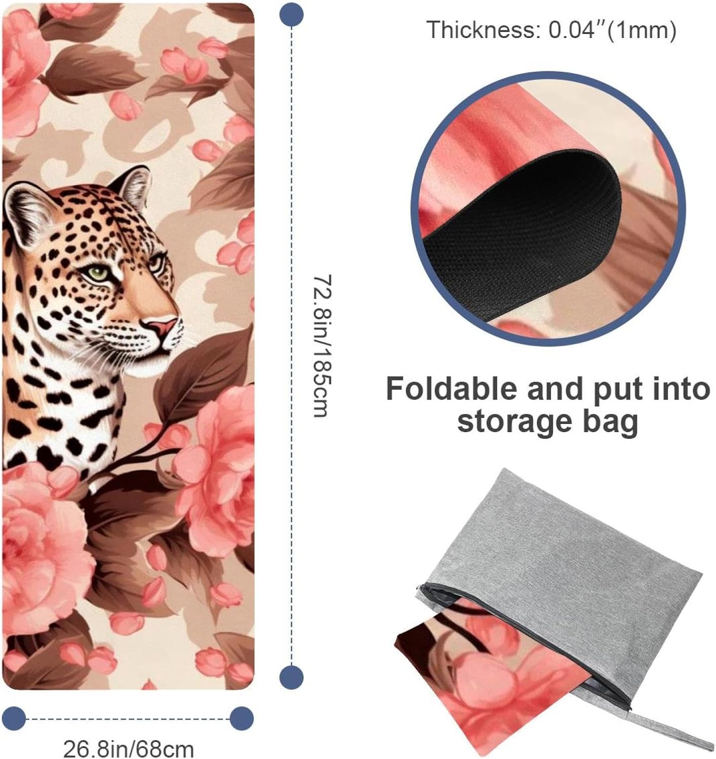 Yoga Towel, Leopard Rose Flower Non Slip Sweat Absorbent Hot Yoga Mat Towel for Hot Yoga, Pilates and Fitness - 72.8" x 26.8"