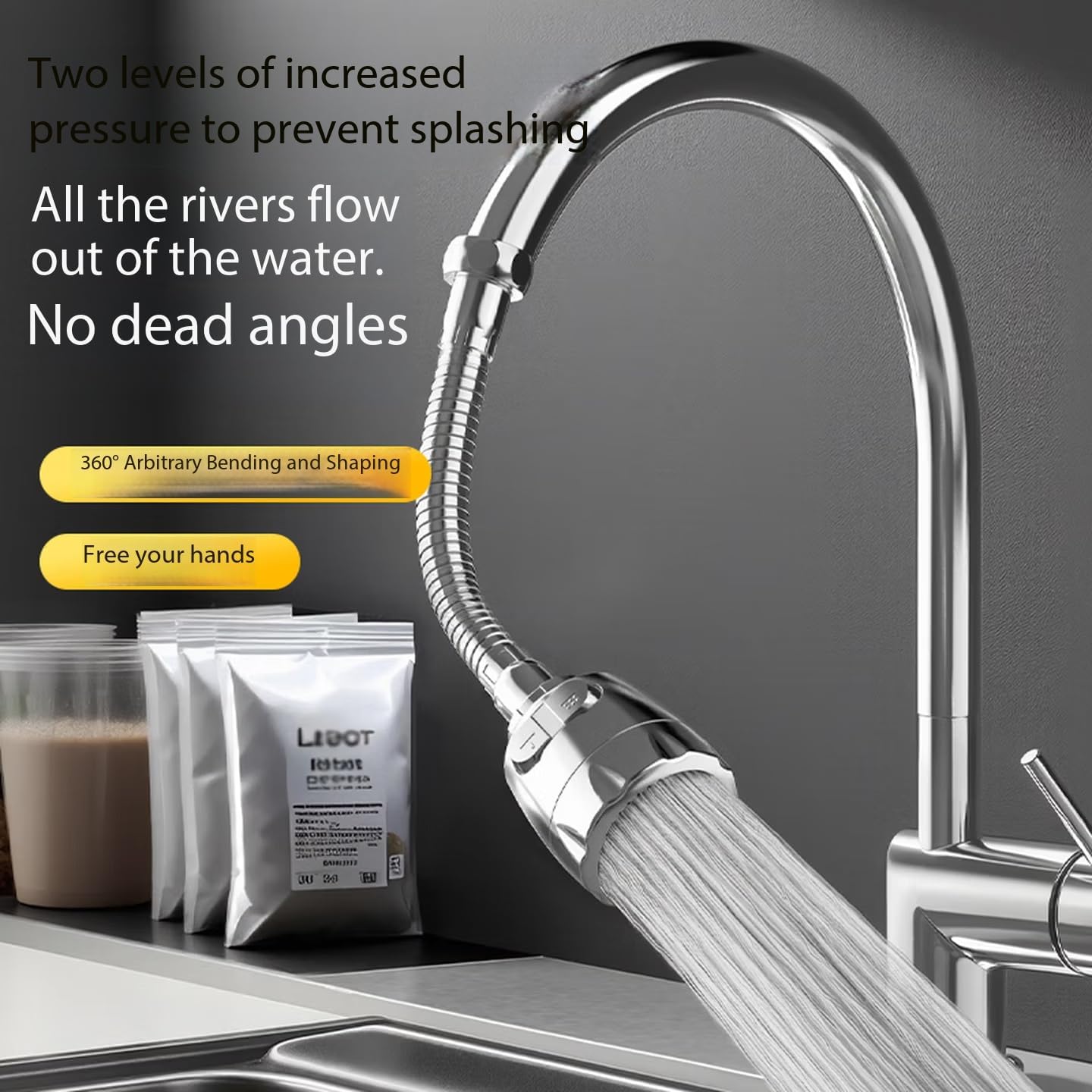 360° Rotating Kitchen Faucet Extender with Flexible Hose, Stainless Steel Splash Guard Adapter, Two-Speed Shower and Bubble Mode, Universal Sink Sprayer Attachment, 6.7 inches