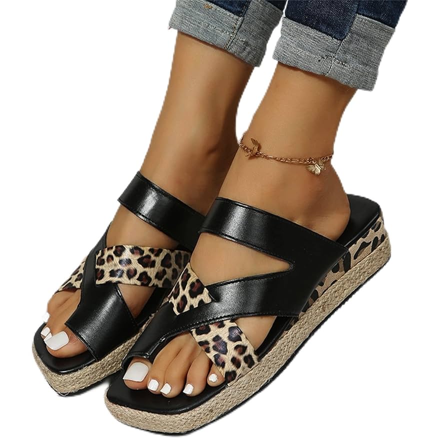 Women Leather Orthopedic Arch-Support Sandals Bohemian Wedge Soft Footbed  Slippers Summer Leopard Print Flip Flops Comfortable Walking ...