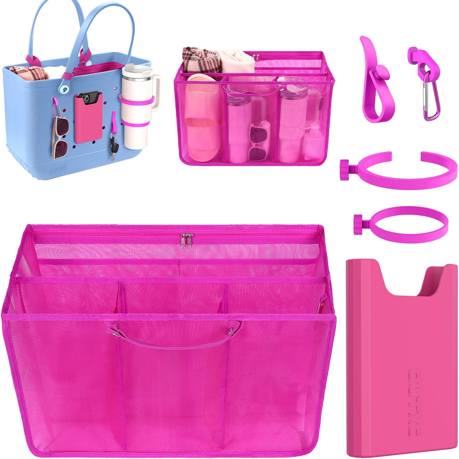 OUTXE Organizer Inserts for X Large Original Bogg Bag, 2 Pack Cup Holder for All Bogg Bags, Phone Holder Accessories and Hooks Insert Compatible with Simple Modern Beach Tote Bag,Grey