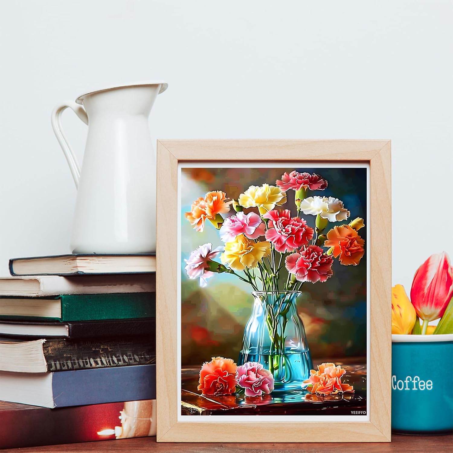 YEEIFFD The Colorful Carnations Diamond Painting Kit, Full Round Diamond Art Kits for Adults Flower Diamond Dots Paint by Numbers for Beginners 12x16inch