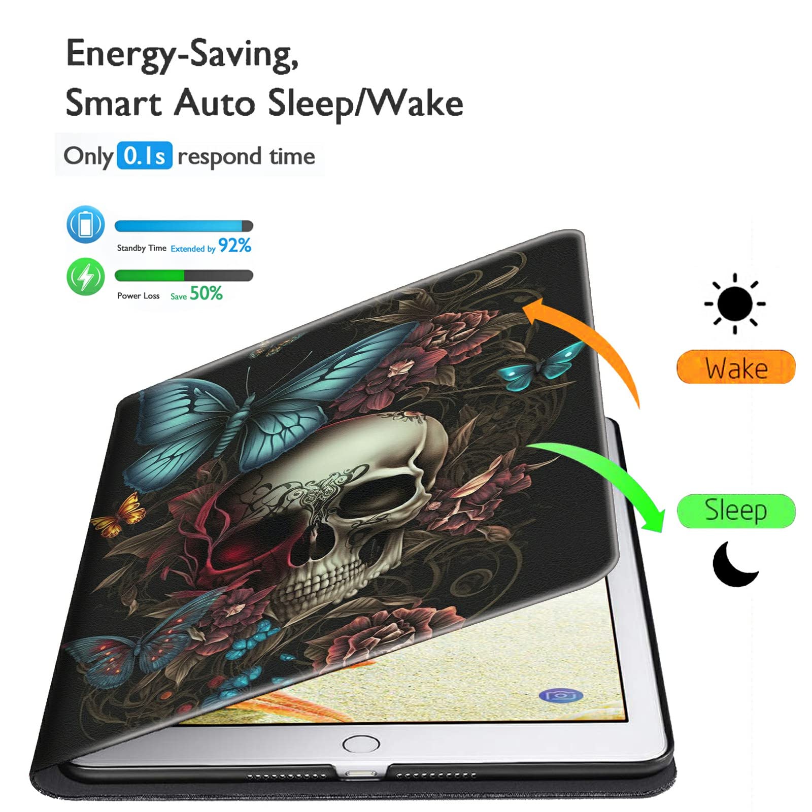 Funda para tablet Kindle Fire HD 8 y Fire HD 8 Plus de 10ª/12ª generación 2020/2022, ligera, con función atril ajustable, con encendido y apagado automático, calavera mariposa azul