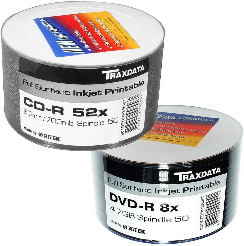 Combo 50 Traxdata Printable White CD-R 52x Discs 700MB 80mins and 50 Traxdata White Printable DVD-R 8x Ritek 4.7GB