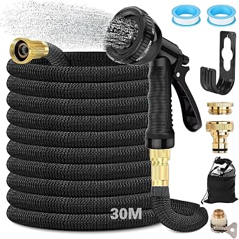 Flexible Garden Hose 30 m Stretchable Water Hose Flexible with 8 Spray Functions Flex Hose 1/2 Inch to 3/4 Inch Garden Trousers for Garden Watering Car Washing Washing and Watering