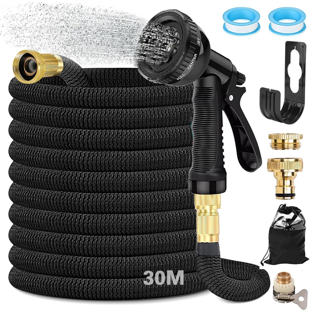 Tubo flessibile giardino 30 m estensibile, 8 funzioni di spruzzo, 1/2 a 3/4 pollici, pantaloni da giardino, irrigazione e lavaggio