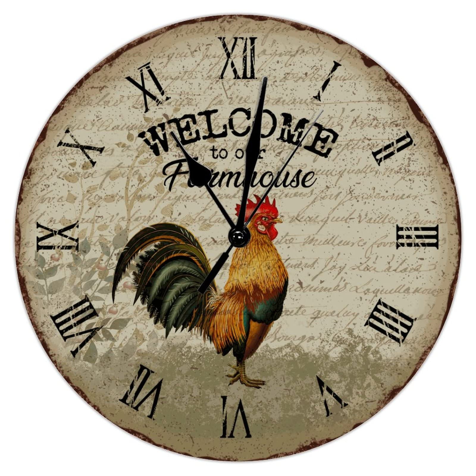 Horloge murale coq de ferme rustique 38 cm en quartz silencieux style toscan