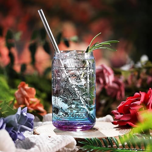 Miniatura 4 de Scorpio - Vaso de cerveza de 16 onzas con tapa, popote de metal y cepillo de limpieza, vaso de vidrio reutilizable para café, té, soda, jugo,