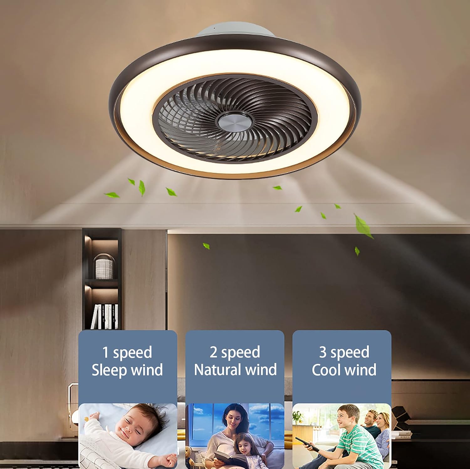 YUEGOO Bedroom Fan with Ceiling Light and Remote Control Mute Fan Lighting 3 Speeds Led Dimmable Ceiling Fan Light 72W Modern Living Room Quiet Fan Ceiling Light/Black