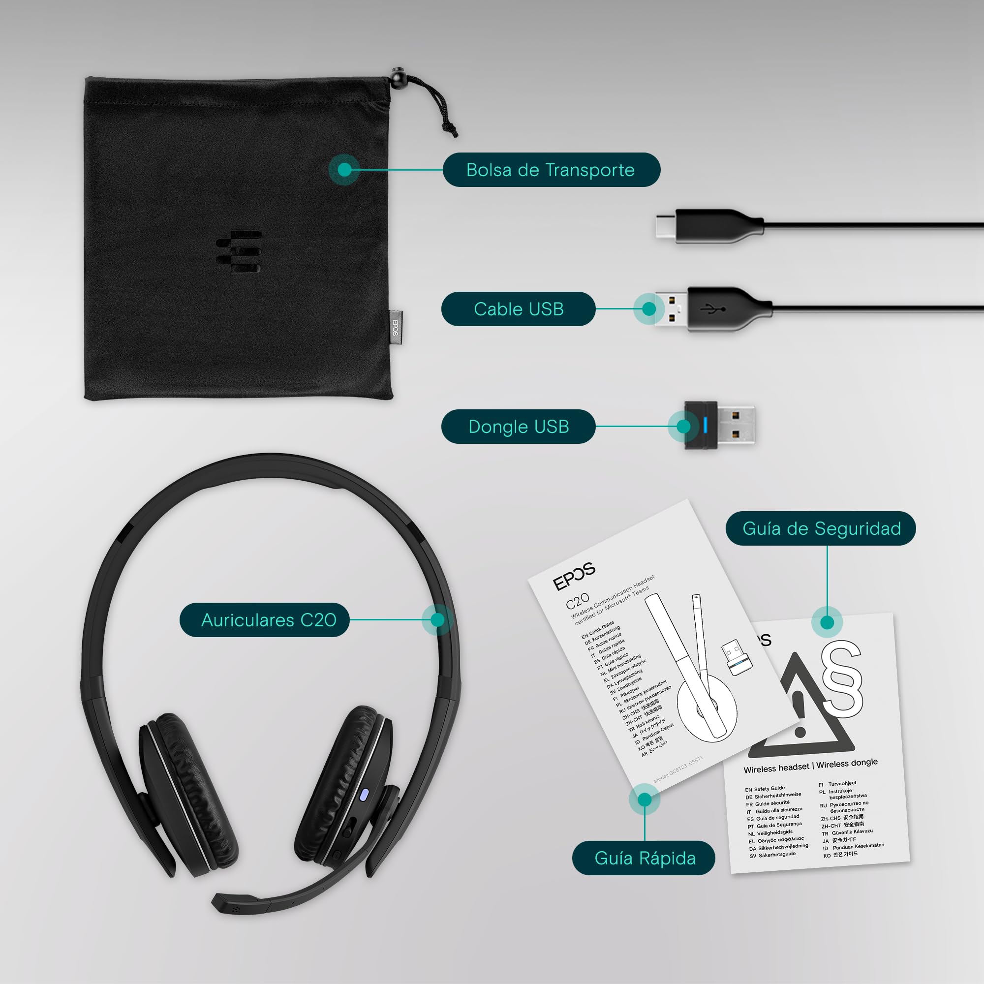 Auriculares con micrófono EPOS SENNHEISER C20 | Auriculares inalámbricos con batería de hasta 27 Horas y tecnología EPOS BrainAdapt™
