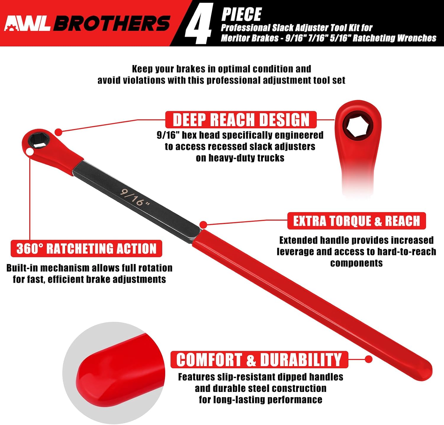 Air Brake Adjustment Tool Kit, 4-Piece Slack Adjuster Tool Set for Semi Trucks & Trailers, Red Ratcheting Wrenches 5/16" 7/16" 9/16" with Fork End Release Tool, Heavy Duty Brake Service Kit