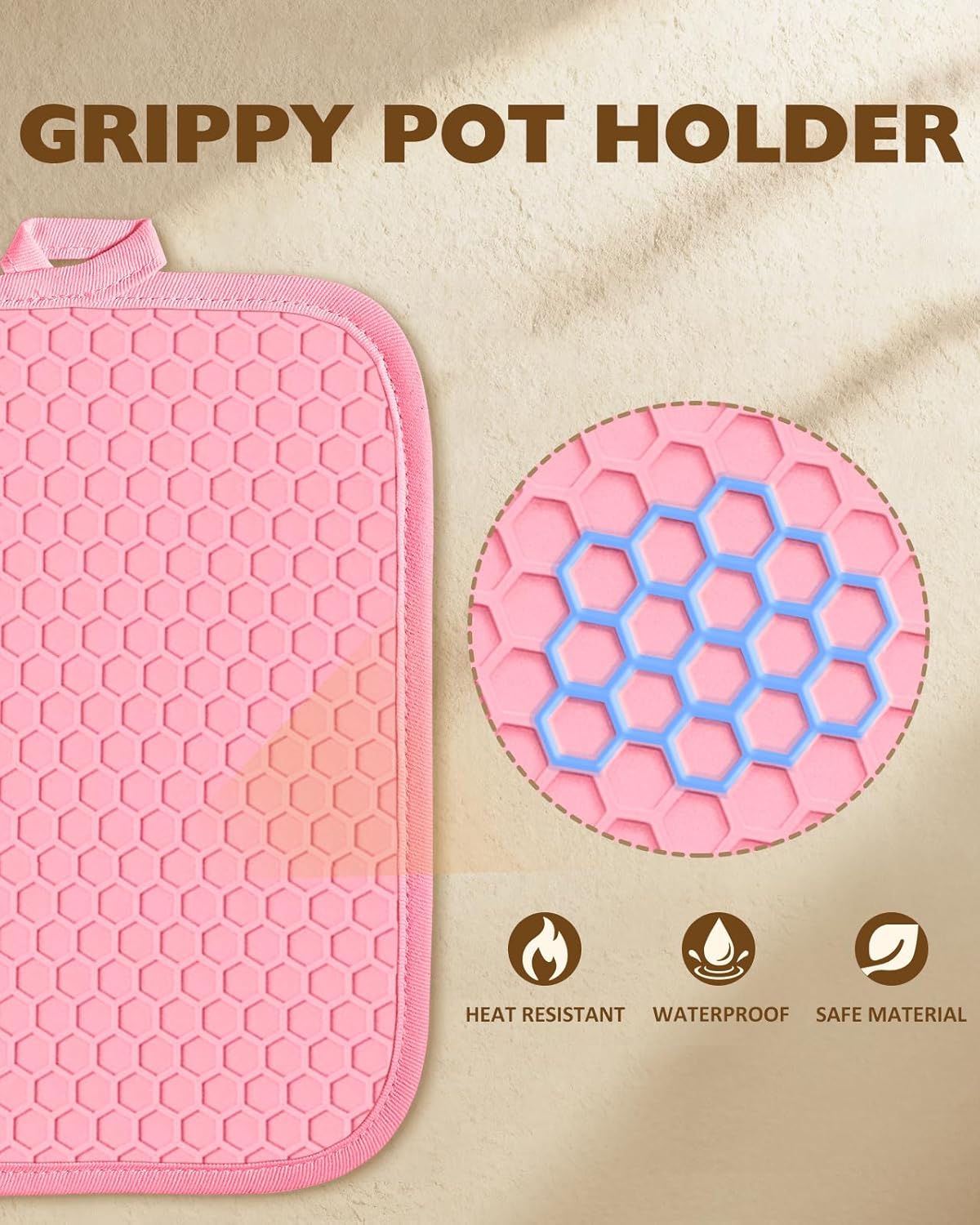 Slohif Silcone Christmas Pot Holders for Kitchen - 100% Cotton Pink Cute Oven Potholders with Pockets, Heat Resistant Square Thick Hot Pads, House New Home Baking Baker Gifts,2pack