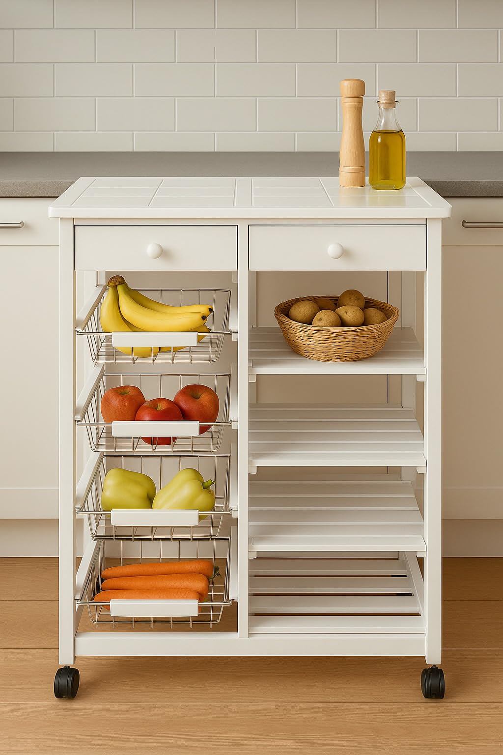Carro DE Cocina con Ruedas, VERDULERO FRUTERO Doble, 4 CESTAS 4 BALDAS Y 2 CAJONES Color Blanco