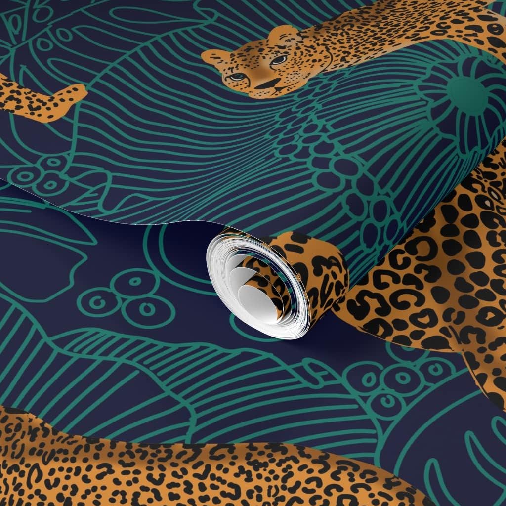Spoonflower Removable Wallpaper 6ft x 2ft - Maximalist Leopard Jungle Midnight Blue Teal Animals Navy Animalier Custom Pre-Pasted Wallpaper