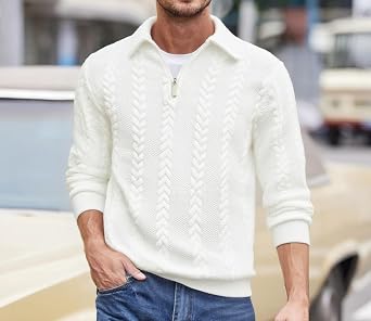 Men's Quarter Zip Pullover Sweater Knit Collared Long Sleeve Casual Top