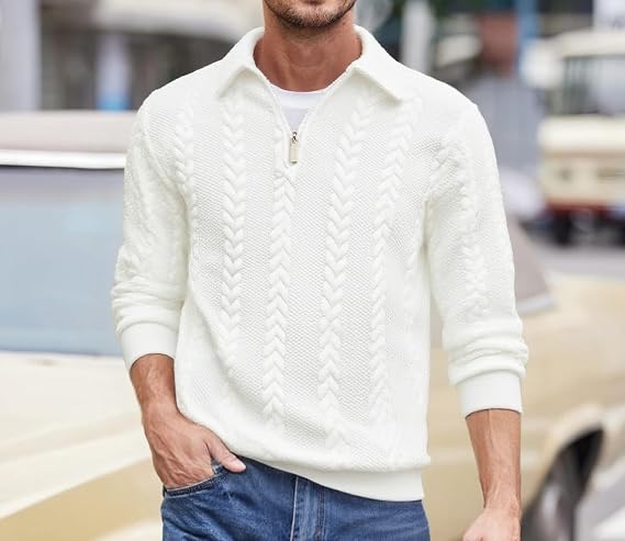 Men's Quarter Zip Pullover Sweater Knit Collared Long Sleeve Casual Top