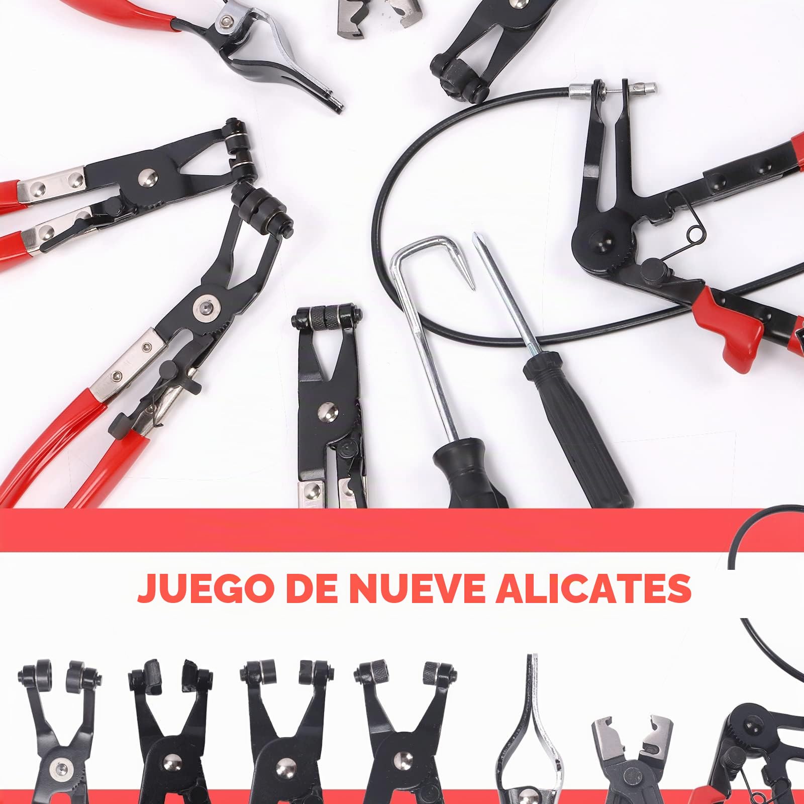 Glarks Juego de 9 Alicates de Abrazadera Flexibles Rojos - Kit de Largo Alcance para Reemplazo de Combustible, Aceite y Manguera de Agua