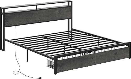 Miniatura 36 de LIKIMIO Base de cama Queen con cabecera de almacenamiento, cama de plataforma con cajones y estación de carga, no necesita somier, fácil montaje,