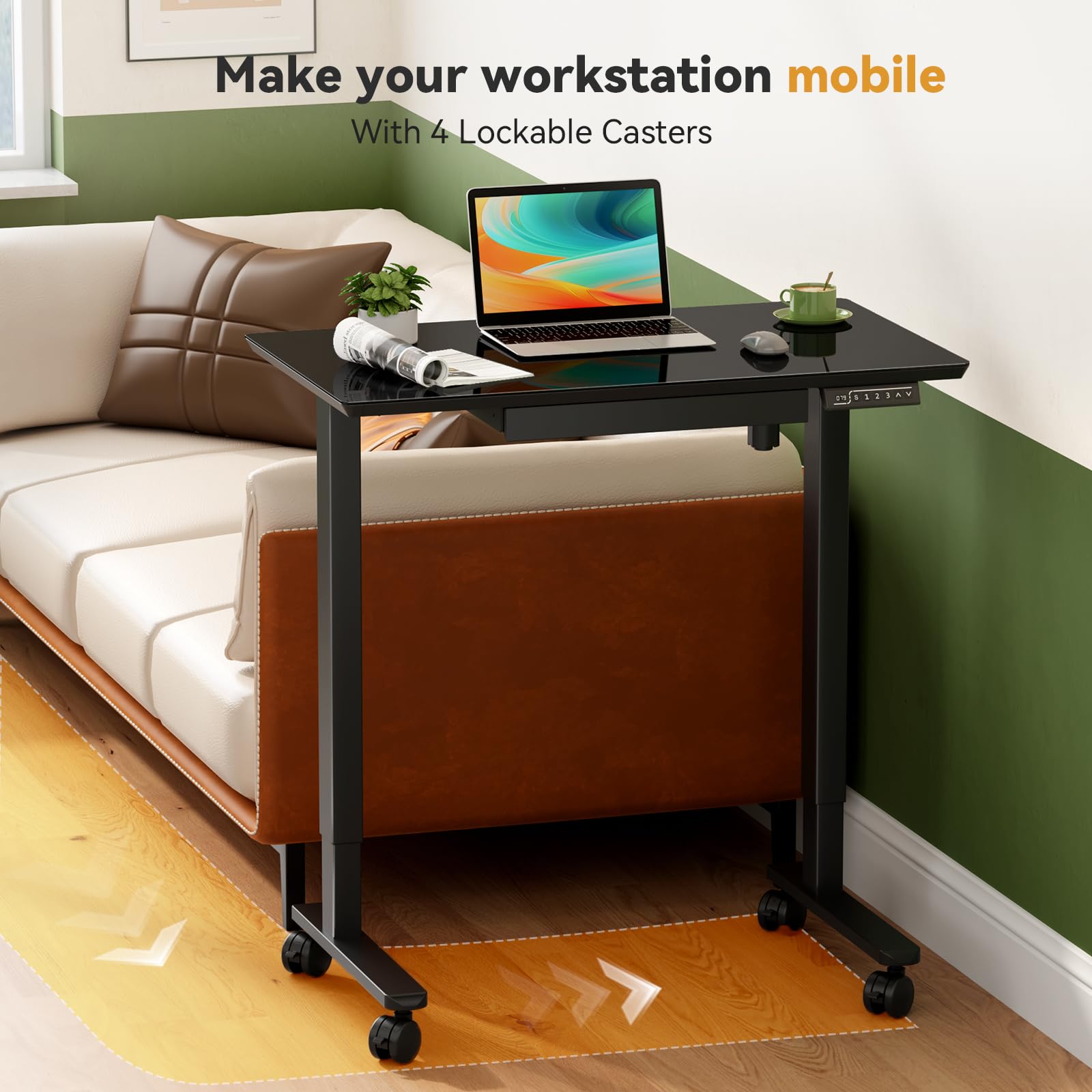 Glass Standing Desk with Drawer Electric Sit Stand Desk with Wheels 35 20Inch Whole Piece Height Adjustable Rising — view 8