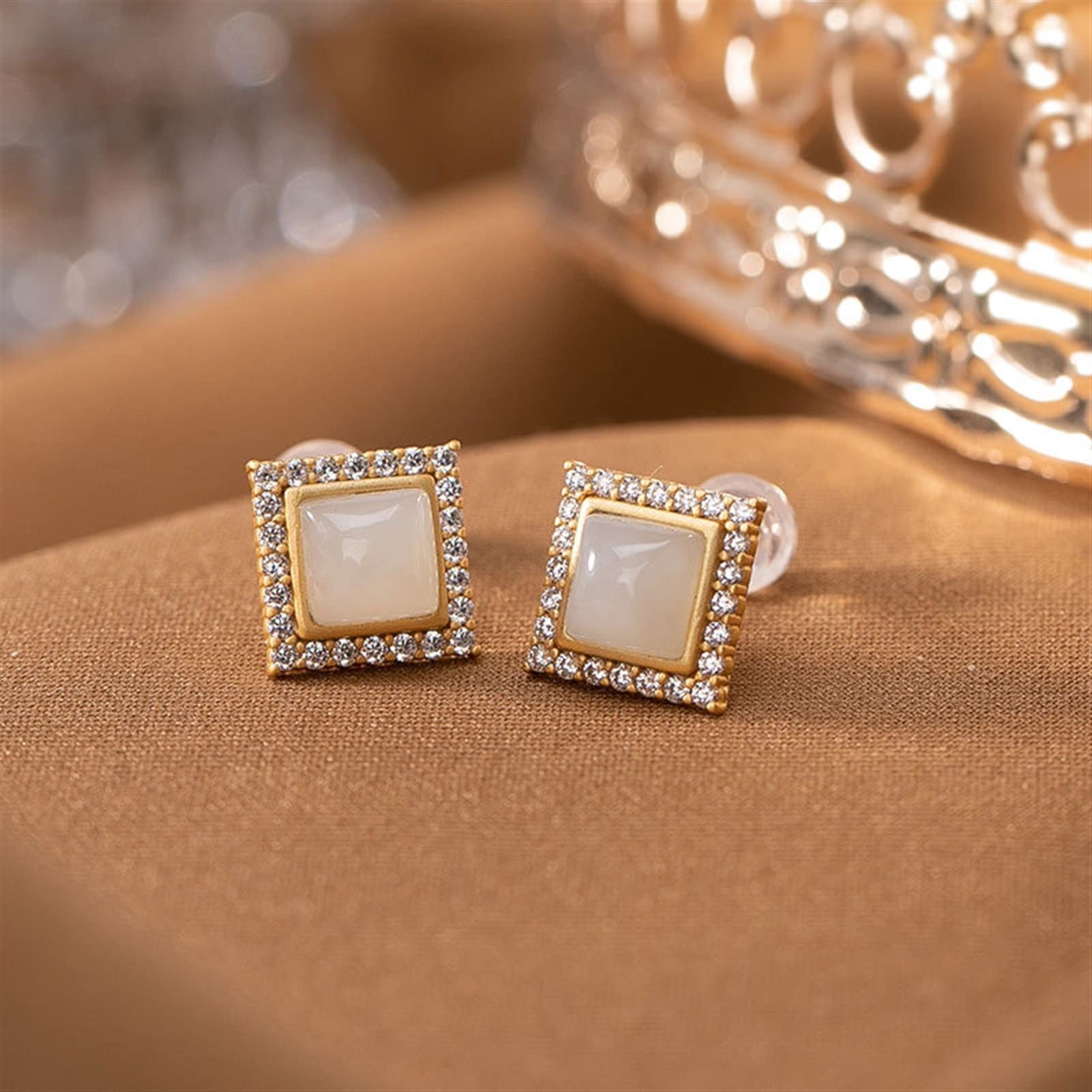 Pendientes de plata S925 chapados en oro con jade hetiano, pendientes geométricos femeninos, pendientes de plata para novia