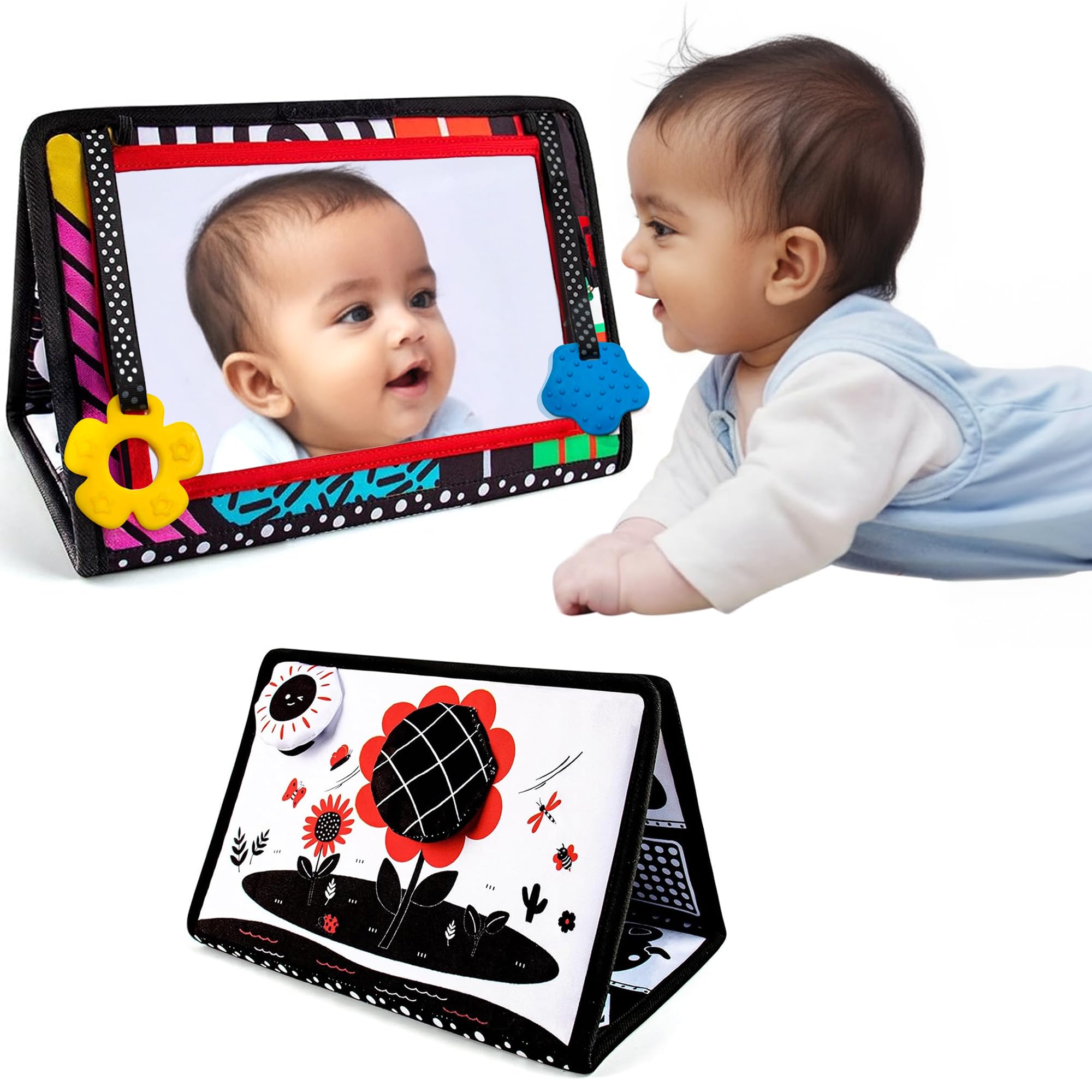 Kidolgy Baby Mirror Book Toy | Infant Sensory Development with Soft Silicone Teether Tummy Time with High Contrast Black & White Cards,Flaps & Foldable Design | Newborn Toy for 0–12 Months-picture-27