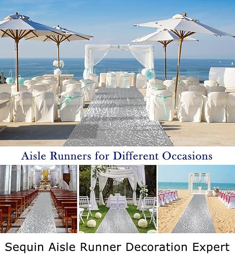 Miniatura 10 de ShinyBeauty Camino de pasillo de lentejuelas de 4 x 20 pies, color plateado, para ceremonia de boda, alfombra de piso brillante, tela de lentejuelas