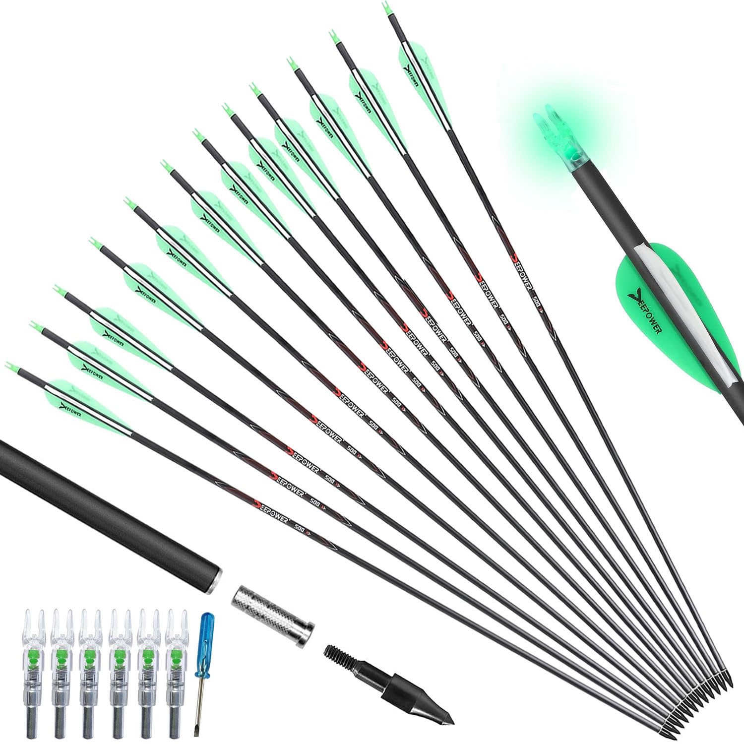 KEAUP 30 Inch 12 Pack Carbon Arrows with 6 Pack Lighted Nocks and 12