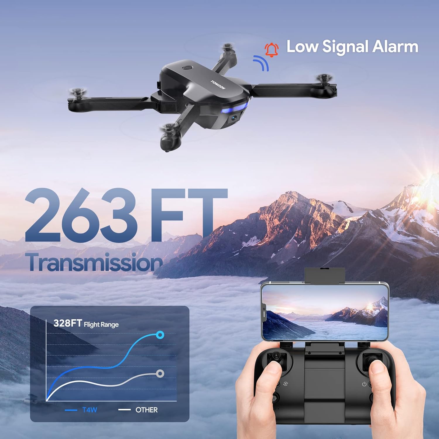 TOMZON T4W Drone flight range and transmission range with low signal alarm