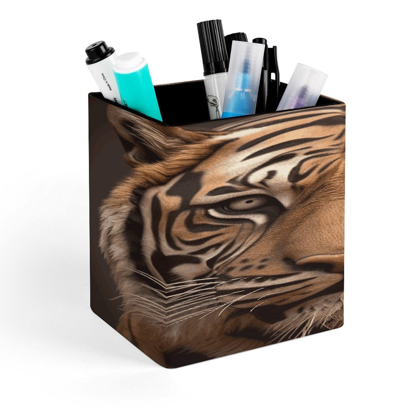 JTREHY Tiger Head Pen Holder Square Pen Pencil Holder Makeup Brush Holders Cup PU Leather Pencil Cups Desktop Caddy Stationery Organizer Case Office Accessories Container Box