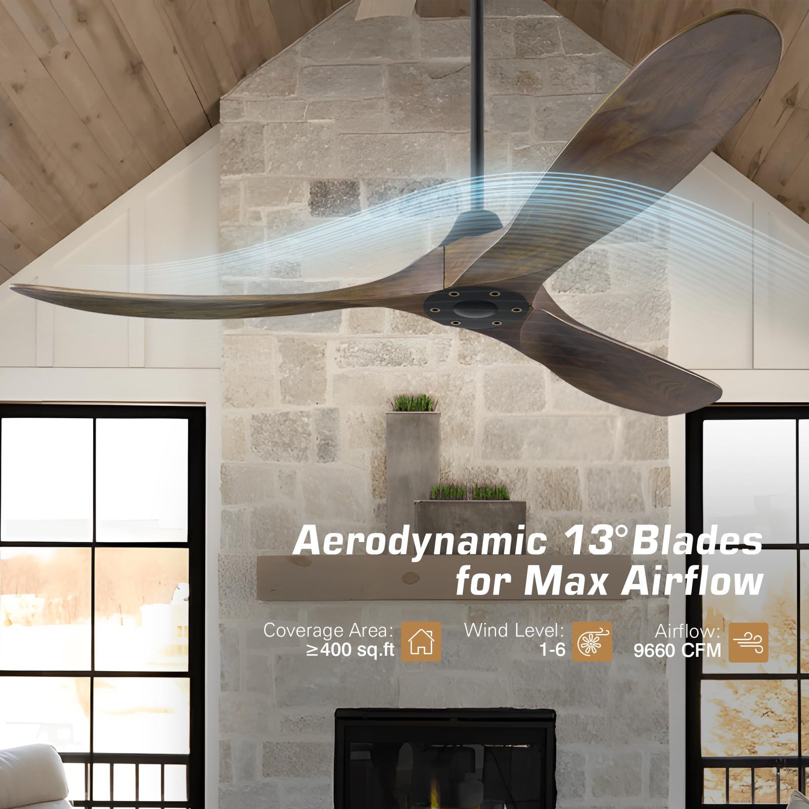 Ventilatore da soffitto in legno da 52 pollici con telecomando, moderno ventilatore da soffitto a 6 marce, 3 fogli, motore DC reversibile, ventilatore da soffitto per interni ed esterni