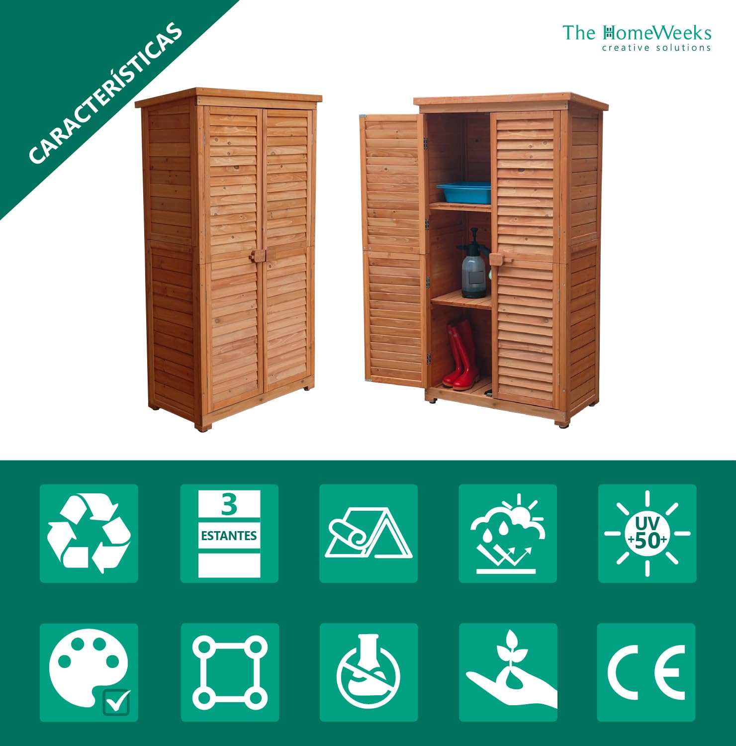 The Homeweeks Cobertizo Armario Jardín IRATI | Madera Tratada Maciza | 87 * 46 * 160cm. | Armario Multiusos | Impermeable | para Almacenamiento de Herramientas y Accesorios de Jardin | Doble Puerta.