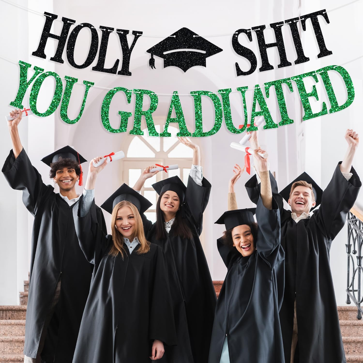 Congrats Grad 2026 Banner, You Did It Hanging Decorations, Class of 2026 Graduation Party Decorations Supplies Green and Black Glitter - Image 3