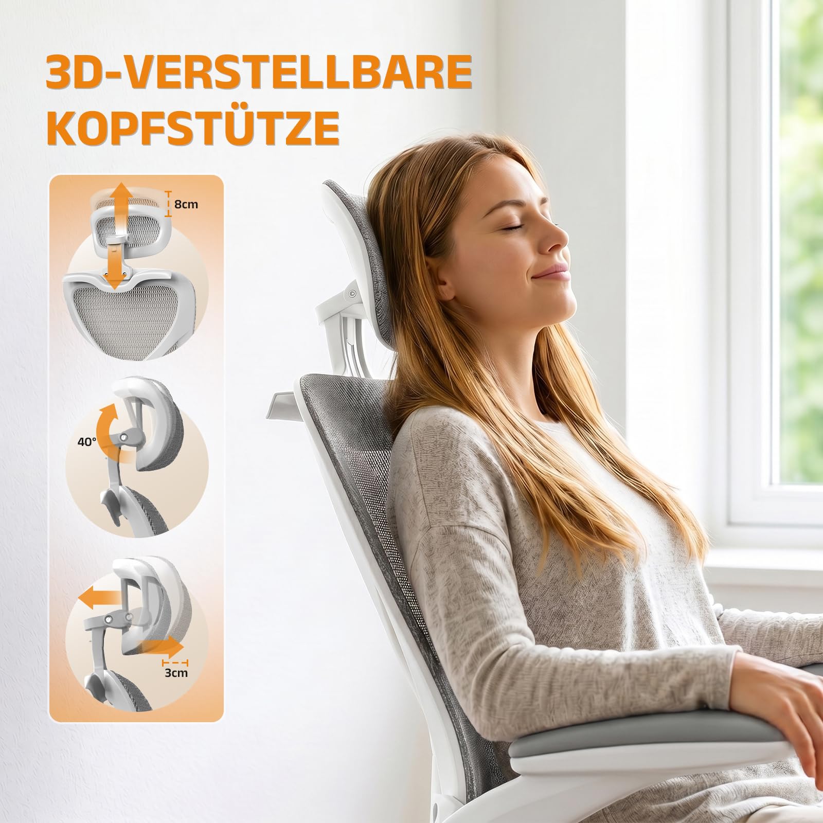naspaluro Bürostuhl Ergonomisch Rollen Für Homeoffice, 150kg, Grau | Schreibtischstuhl hat 3D Kopfstütze, Verstellbarer Lordosenstütze und Armlehne, Drehstuhl Höhenverstellung Wippfunktion