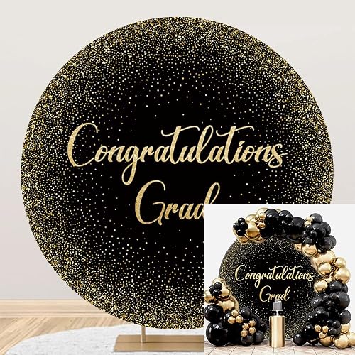 Leyiyi 6x6ft Congratulations Grad Round Backdrop Cover Black and Gold Graduation