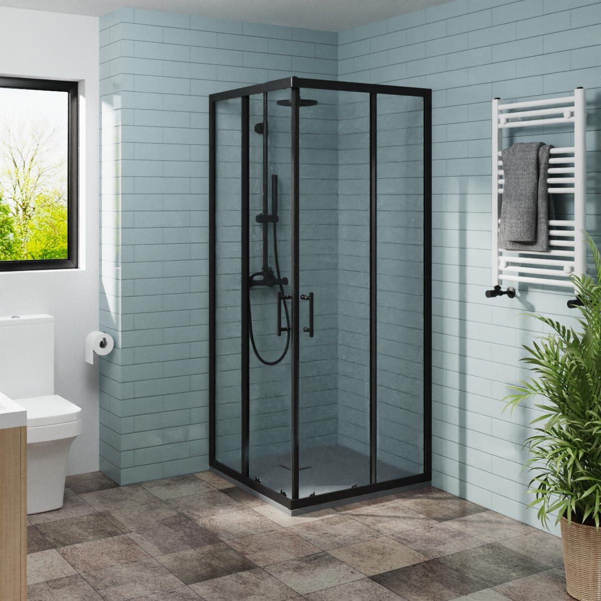 Nrg Anthracite 900 X 900Mm Square Corner Entry Shower Enclosure Bathroom Enclosure Cubicle Black Profile With Smc Shower Tray
