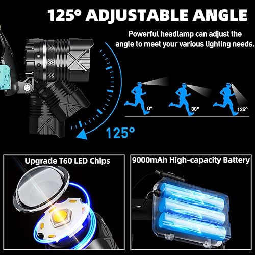 Miniatura 6 de Linterna frontal LED recargable, 2000 lúmenes, lámpara de cabeza con sensor súper brillante con 5 modos de iluminación, linterna frontal impermeable