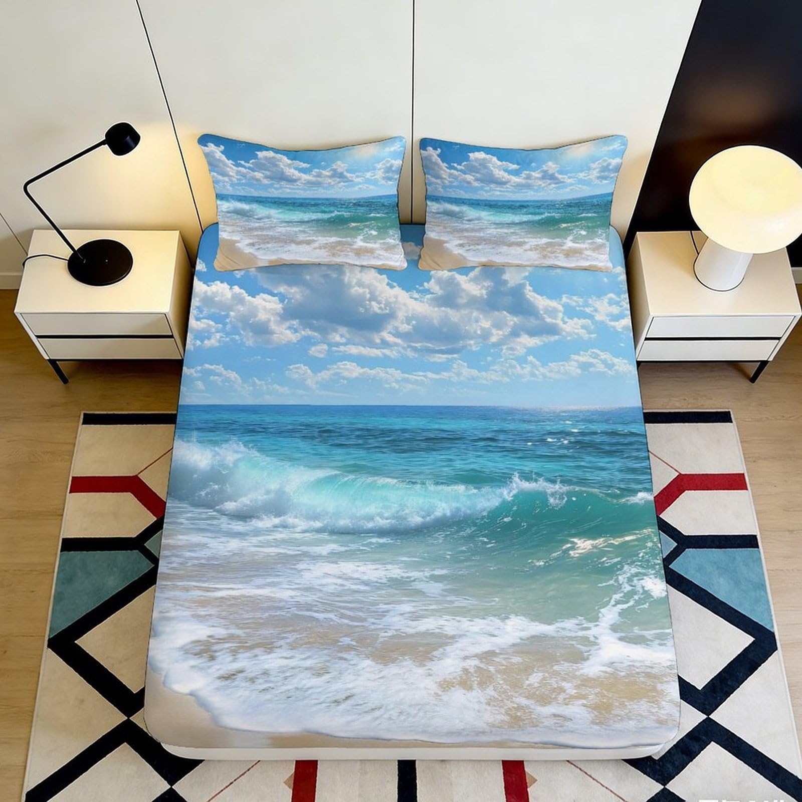 3D Printed Ocean Wave Fitted Sheet Microfiber Soft Blue Sea Beach Mattress Cover for Bedroom Guest Room Decor 120x200cm 120x200x25cm
