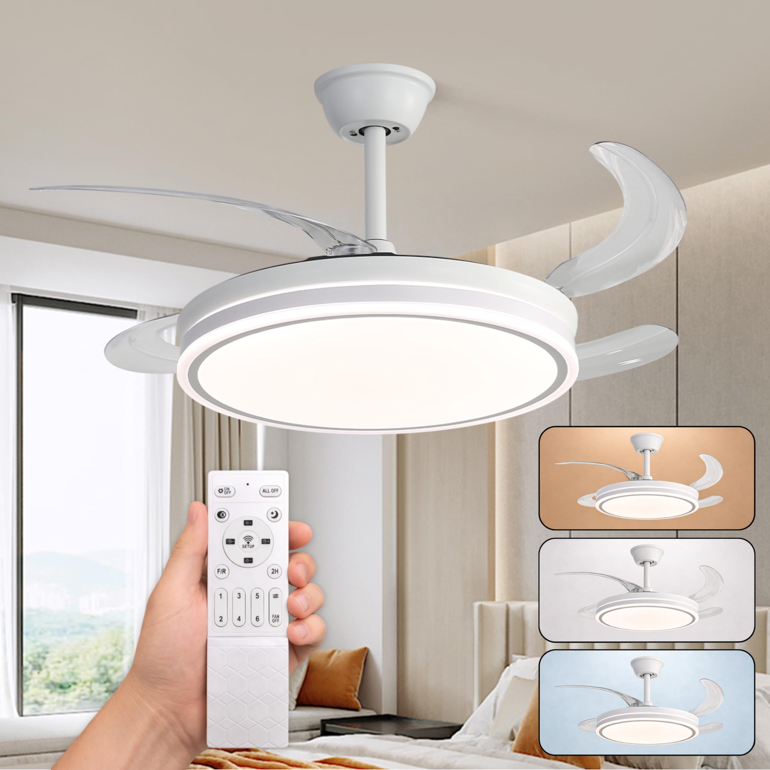 CLAR Retractable Ceiling Fan, Ceiling Fan with Light, Silent with Control, Folding Blades and Reversible Motor, Ceiling Fan with Light (White, 48W)