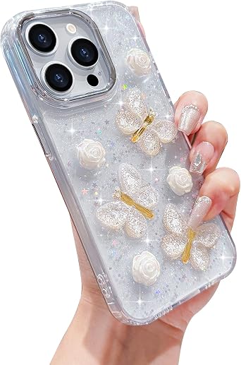 for iPhone 15 Pro Case Cute Bling 3D Butterfly Cover for Women Teen Girls Crystal Clear Fashion Aesthetic Glitter Sparkle Silicone Bumper Shockproof Protective Phone Case for iPhone 15 Pro