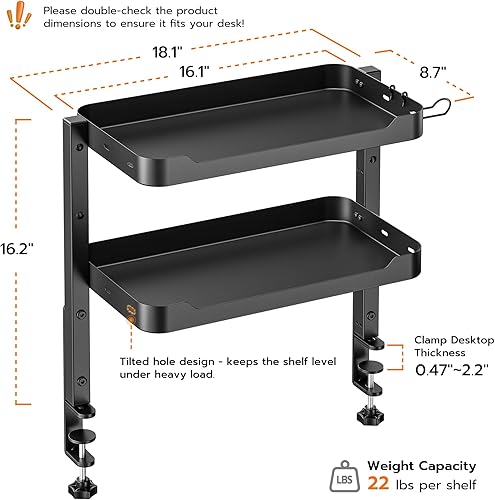 Miniatura 2 de ARES WING Estante de escritorio con abrazadera de 2 niveles, estantes de almacenamiento ajustables de 16 pulgadas sobre o debajo del escritorio con