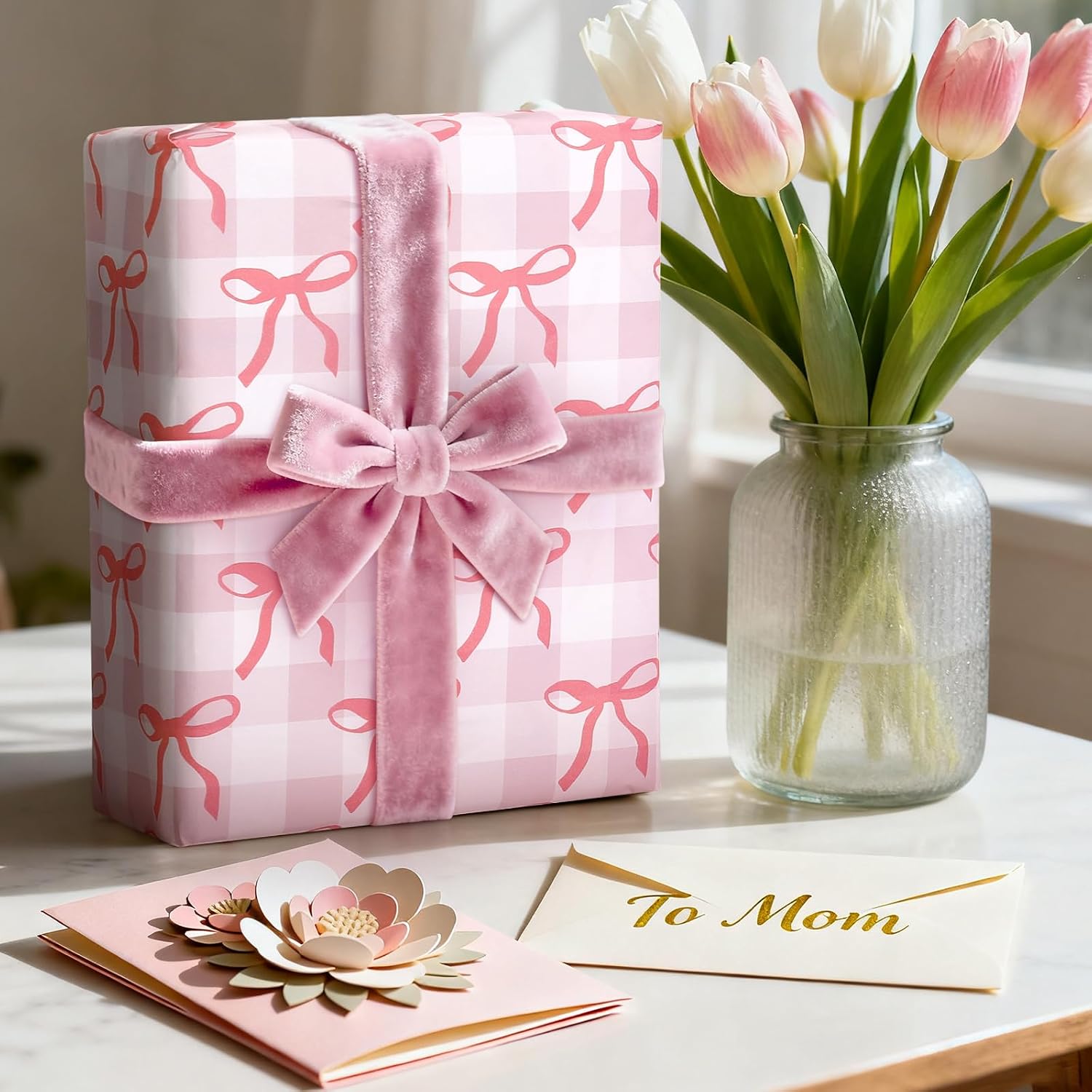 HairChrysm Pink Bow Wrapping Paper 2 Rolls - 17x33 Ft - Premium Coated Gift Wrap Paper Supplies Decorations for Valentine's, Girls Birthday, Christmas, Wedding, Baby Shower, 2 Design