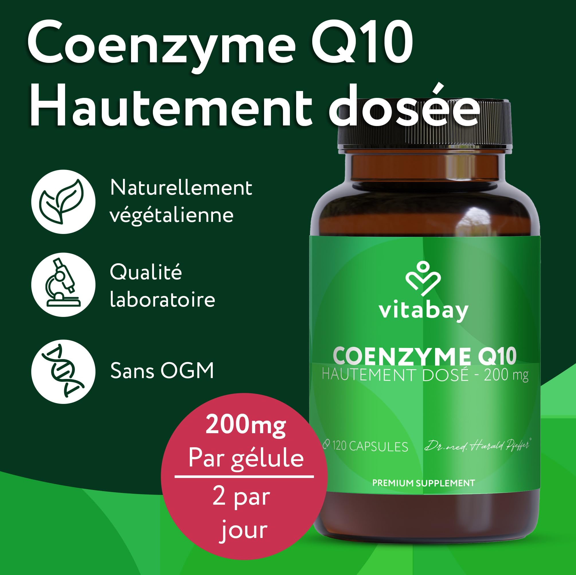 Vitabay Coenzyme Q10 Ubiquinone 200 mg – 120 capsules végétales – CoQ10 hautement dosé – Q10 naturel issu de fermentation végétale – sans additifs & 100% vegan – testé en laboratoire en Allemagne