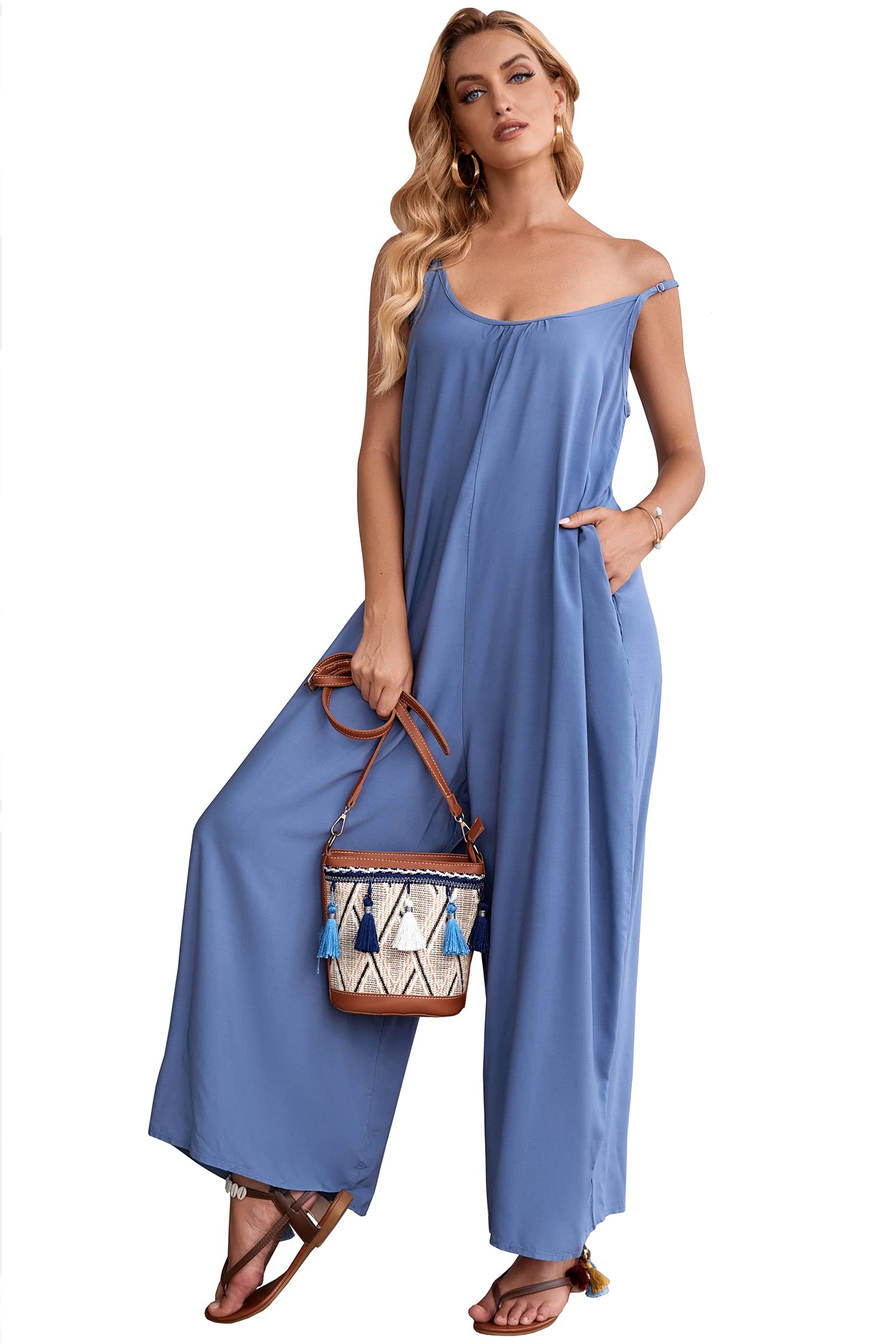 BUENOS NINOS Women's Boho Floral Maxi Dress - V-Neck Adjustable Spaghetti Strap, Pockets, Plus Size, Dusty Blue
