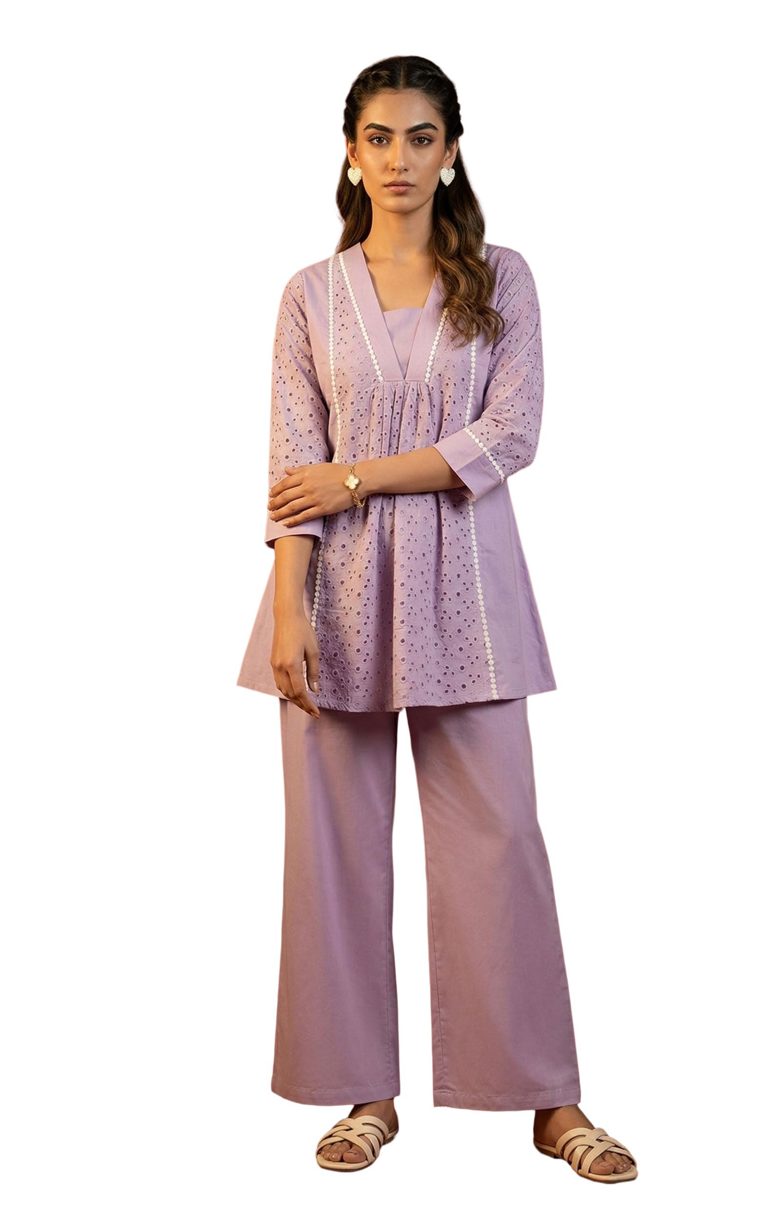 dresoul Women's PInk Pure Cotton Schiffli Embroidered Short Kurti and Pant Co-ord Set-picture-34