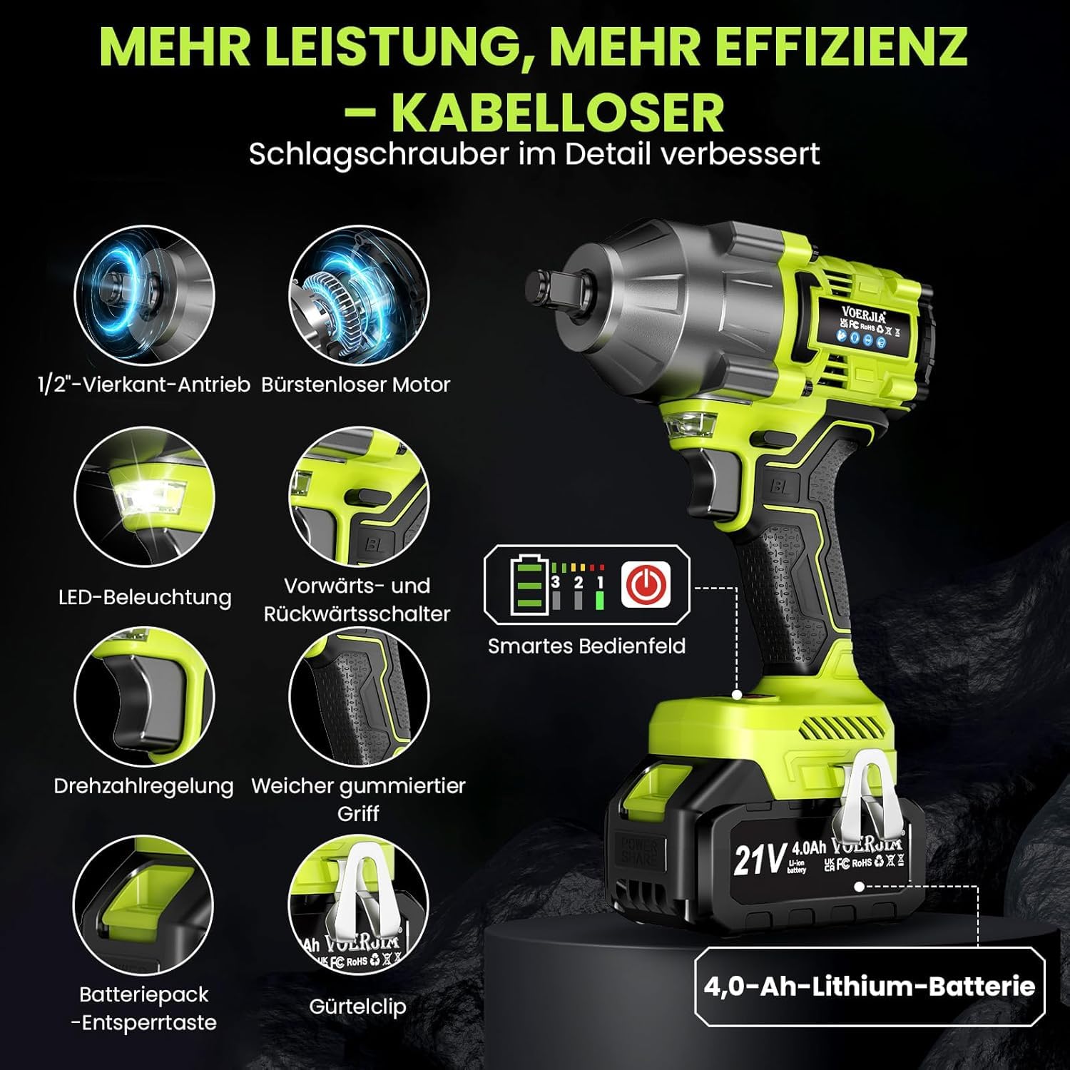 VOERJIA Akku Schlagschrauber 1000Nm - 21V Bürstenloser Drehschlagschrauber (1050Nm Lösemoment) mit 2x 4.0Ah Akku, 1/2 Zoll Impact Wrench Set für LKW, PKW, Traktor & Reifenwechsel, inkl. 5 Stecknüssen