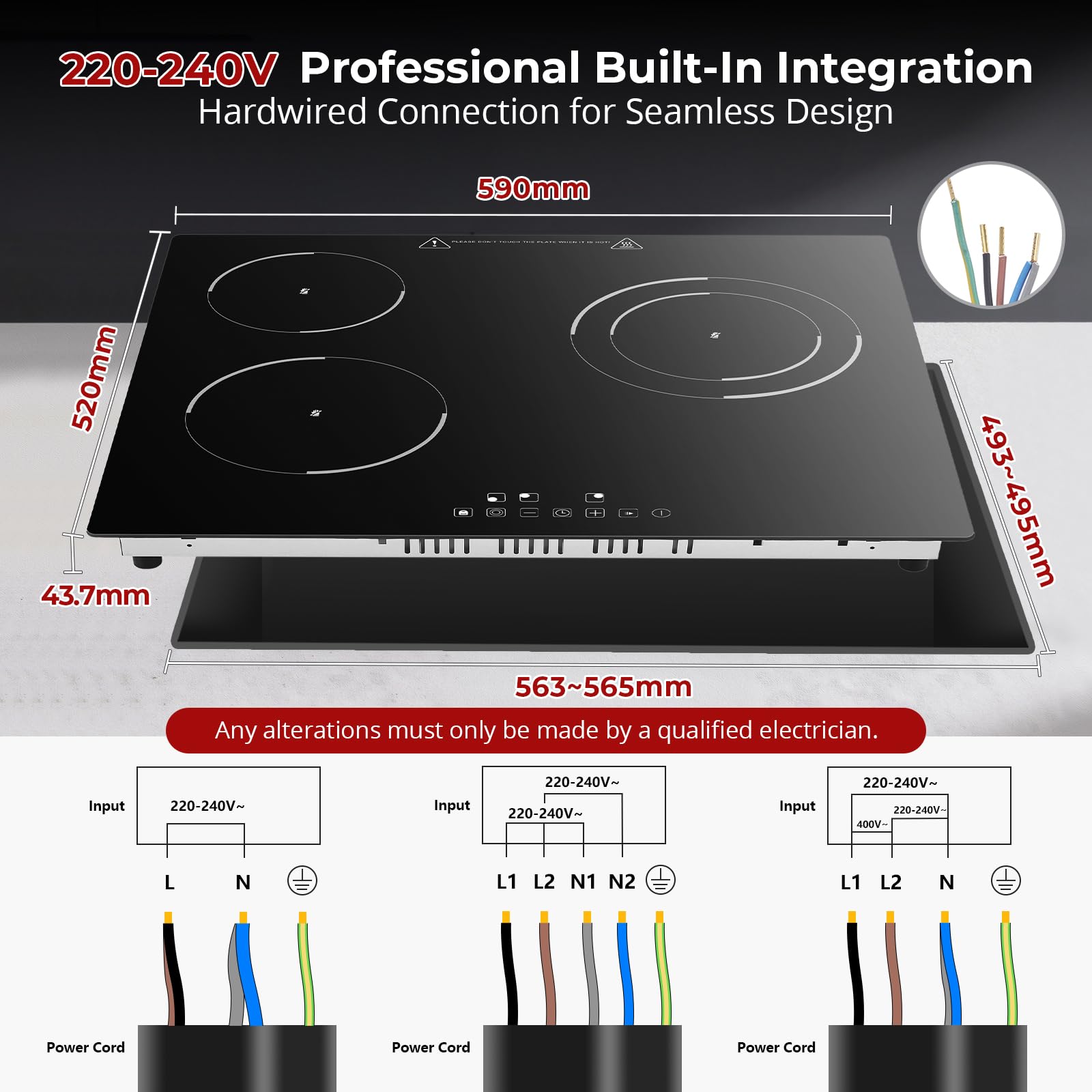SNDOAS Płyta ceramiczna z 3 palnikami 5200 W, 3 strefy gotowania (1200 W + 1800 W + 2200 W), 9 poziomów mocy, bezpieczeństwo dzieci, timer 99 min, kompatybilny ze wszystkimi typami garnków