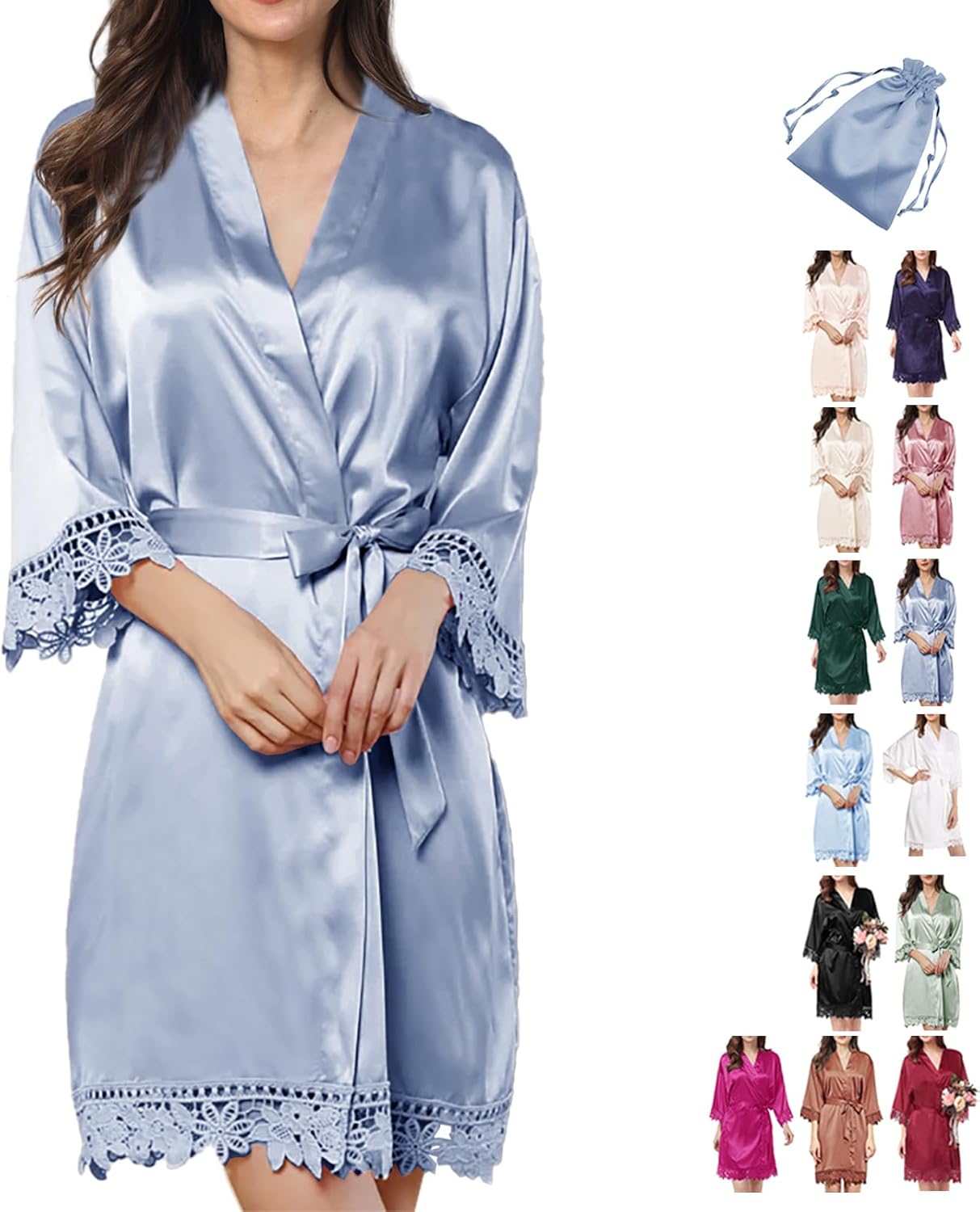 2Pcs Satin Robe Womens Silk Robes Lace Kimonos Bridal Silky Robes for Brides Bridesmaids Wedding Nightgown Bathrobe Sleepwear - Image 4