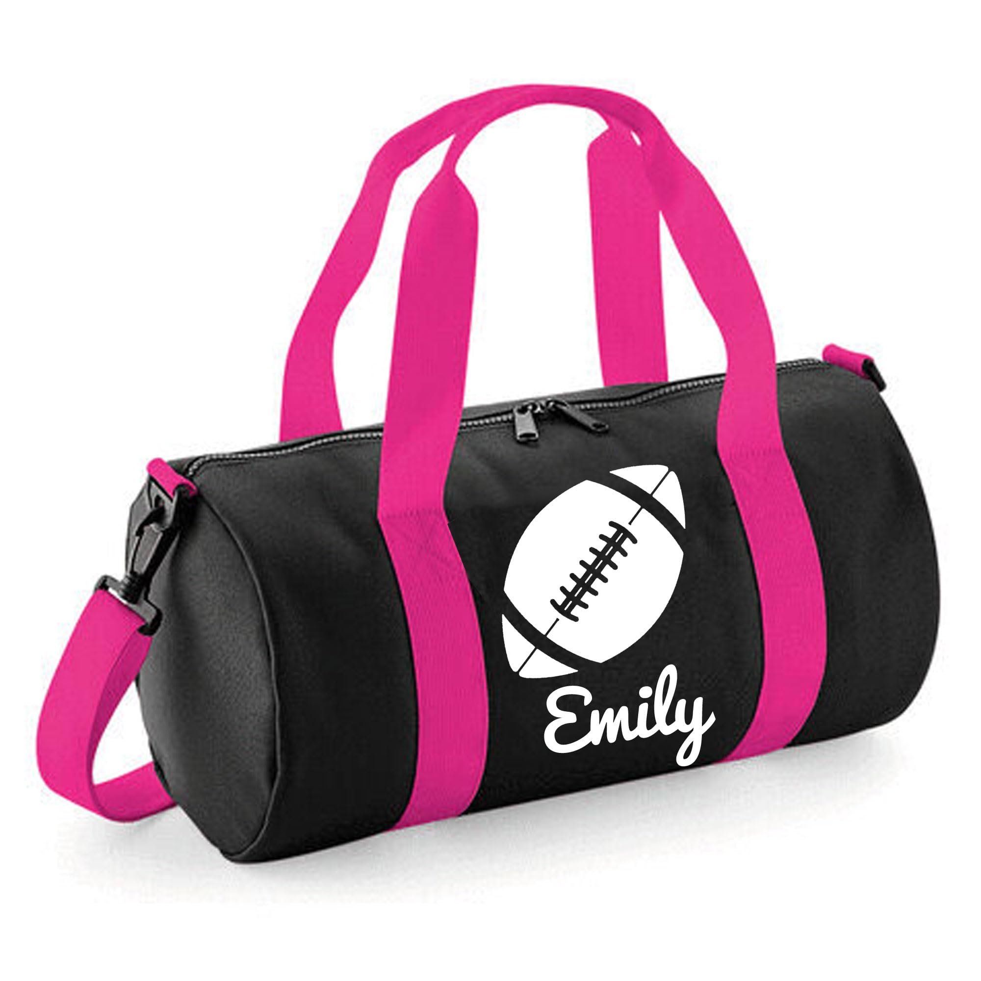 Always Looking Good Personalised Rugby Ball Barrel Bag Sports Holdall for Kids & Adults, 12L Durable Gym Bag Training Kit Bag, 20x20x40cm Stylish Sports Equipment Storage - Black/Hot Pink
