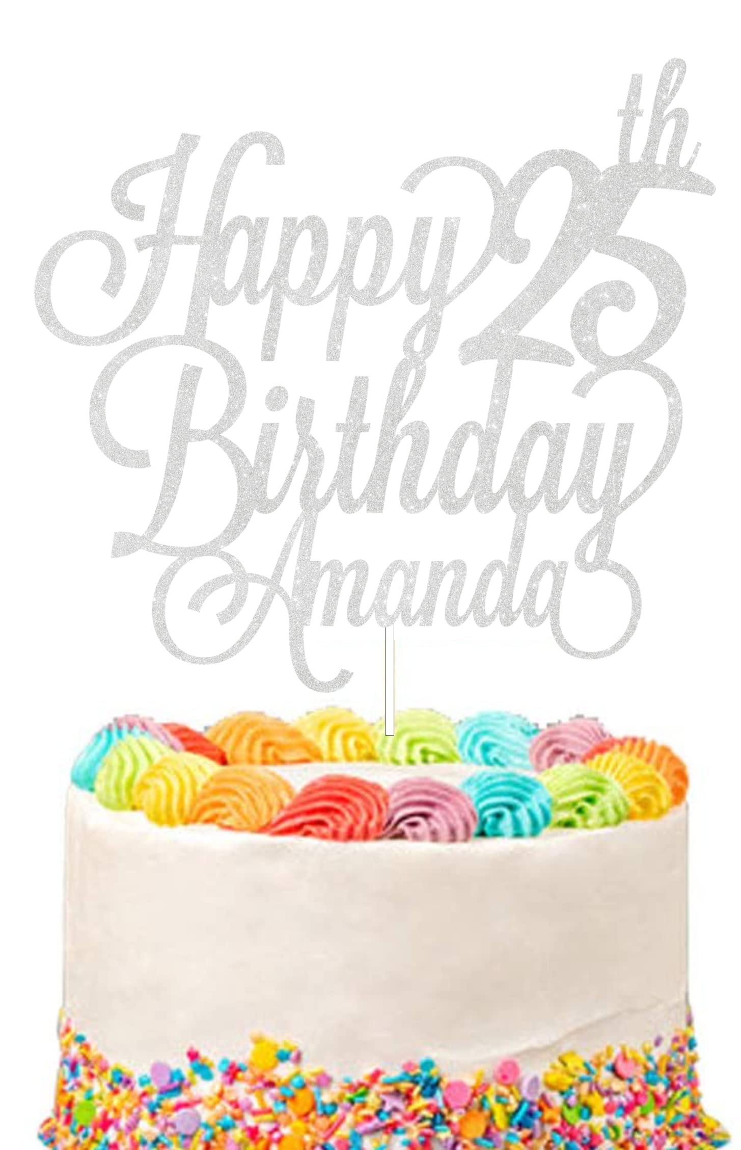 Personalised Happy Birthday Glitter Cake Topper Customised with Any Name & Any Age Party Cake Decoration for 1st 10th 13th 16th 18th 20th 21st 30th 40th 50th 60th 70th 80th (Silver) โ image 1