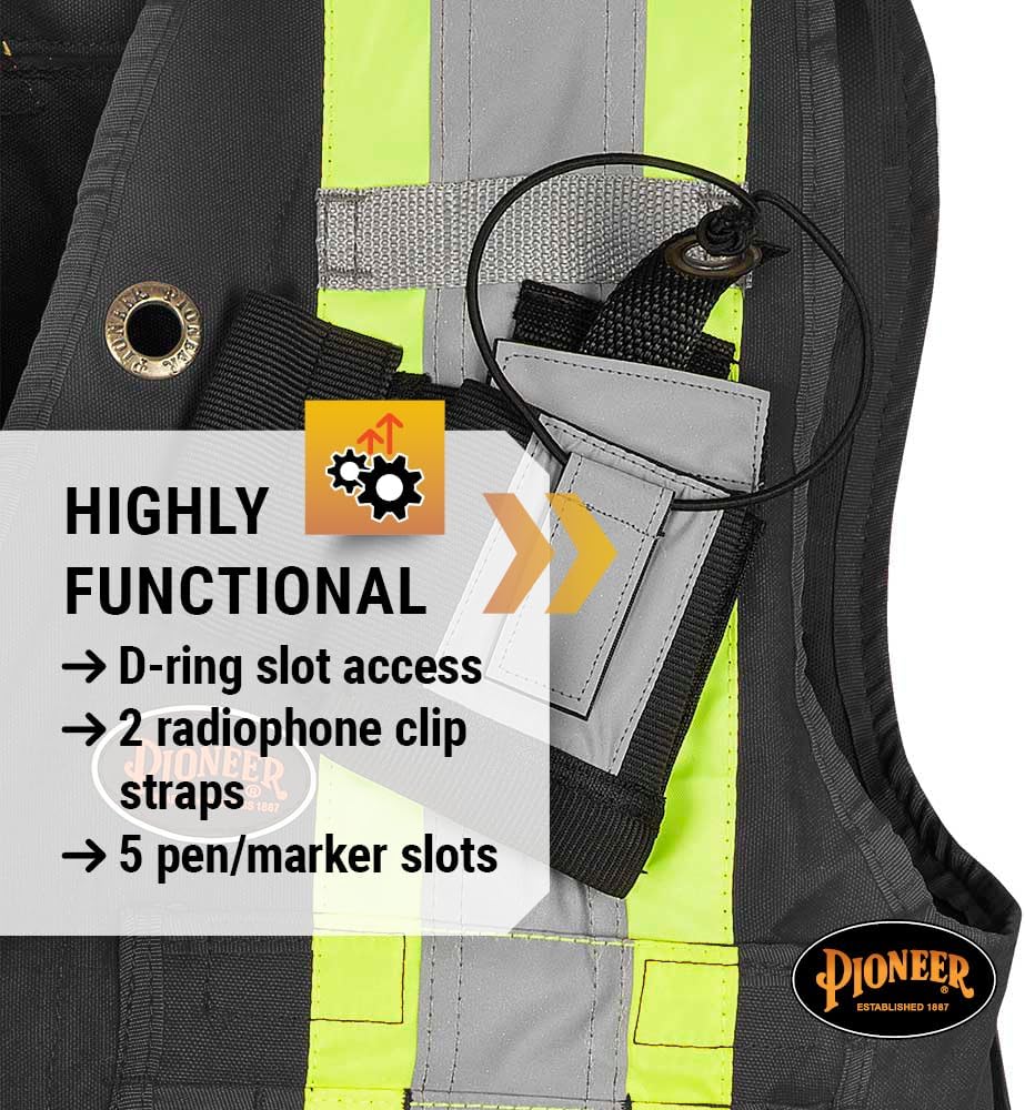 Pioneer Construction Reflective Surveyor Vest, 10 Pockets, Harness D-Ring Slot, Black, M, V1010670-M