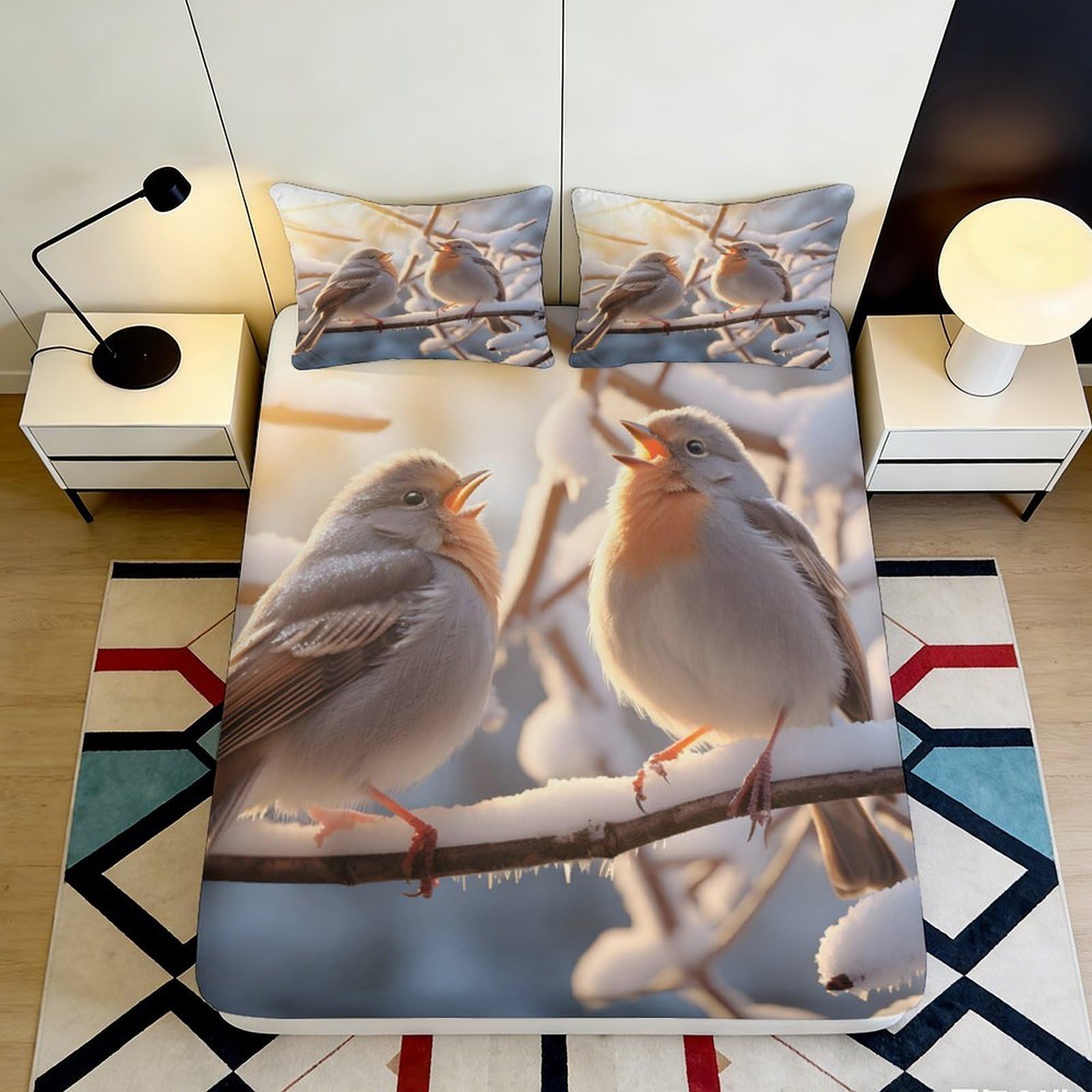 Jqzkxnhpbr Style-3 3D Printed Winter Birds Fitted Sheet Microfiber Soft Breathable Frost Branch Bed Cover For Bedroom Dorm Decor Mattress Protection 90X200x25cm